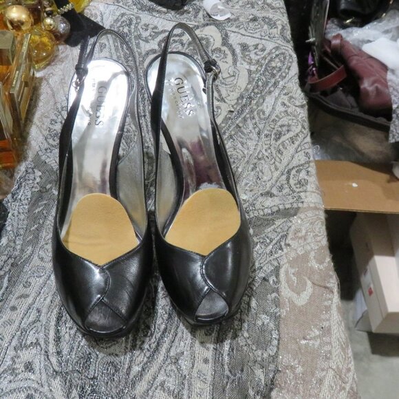 Guess black leather peep toe slingback platform heels w/ charm 7.5 silver heels - Picture 5 of 16